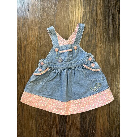 Vintage Oshkosh Denim overall Dress with Ditsy Pink Floral Genuine Baby 90s - Picture 3 of 8